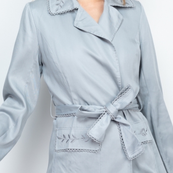Frost Gray Embroidered Belted Trench Jacket - Picture 4 of 11